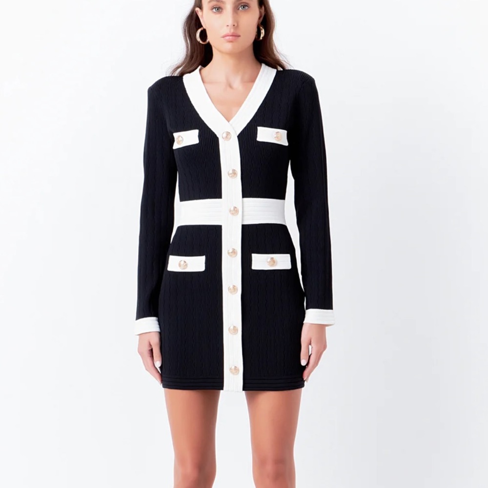 Endless Rose CONTRAST DETAIL V-NECK KNIT MINI DRESS